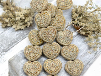 Picasso Beads - Heart Beads - Czech Glass Beads - Gold Beads - Floral Beads - 17mm - 6pcs - (3583)