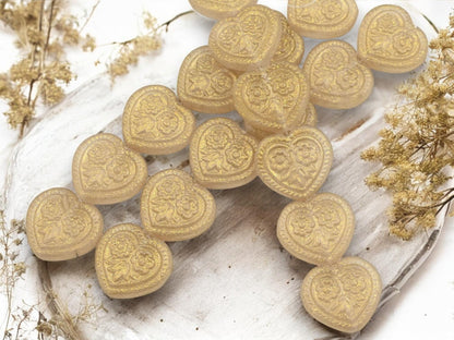 Heart Beads - Czech Glass Beads - Gold Beads - Floral Beads - 17mm - 6pcs - (3189)