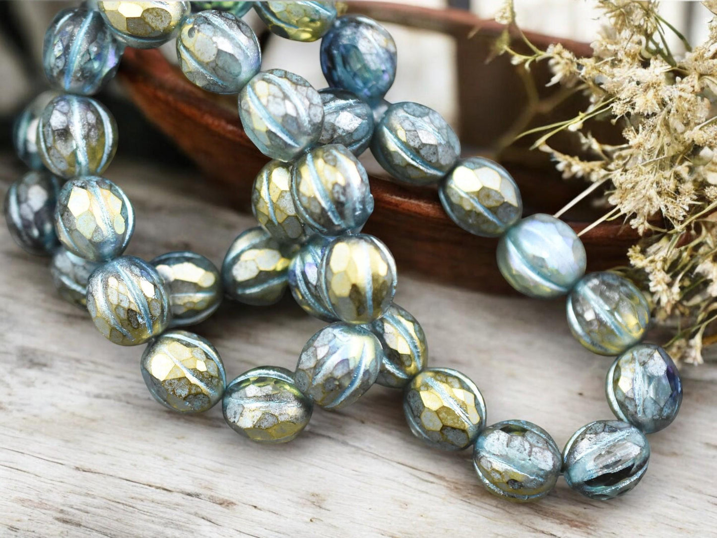 *12* 10mm Turquoise Washed Gold Lustered Crystal Faceted Round Melon Beads