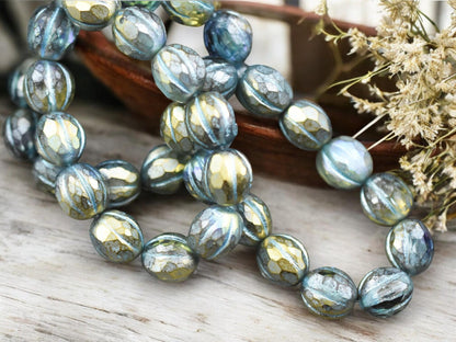 *12* 10mm Turquoise Washed Gold Lustered Crystal Faceted Round Melon Beads