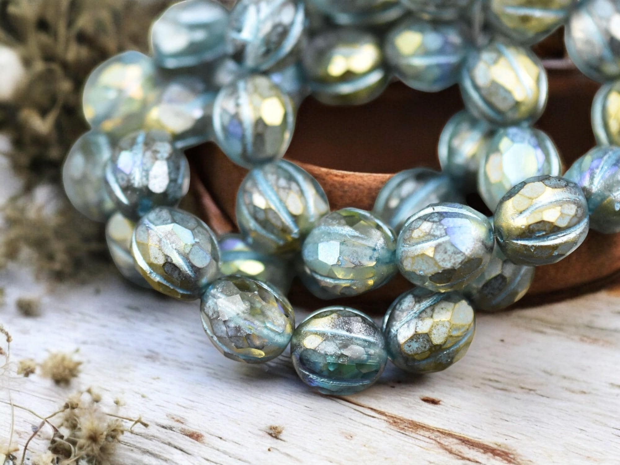 Washed Gold *12* 10mm Turquoise Washed Gold Lustered Crystal Faceted Round Melon ...