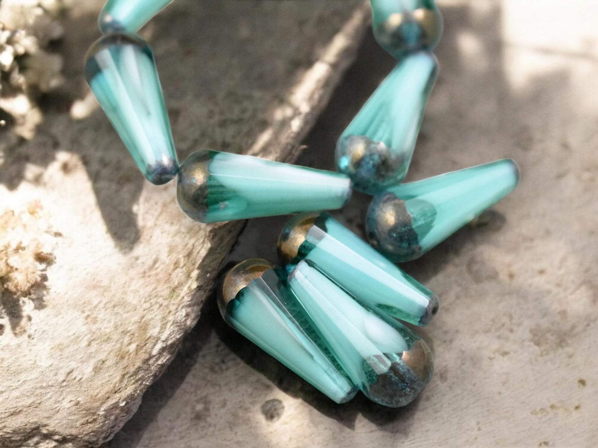 *6* 8x20mm Bronze Tipped Aqua Cloud Faceted Drop Beads