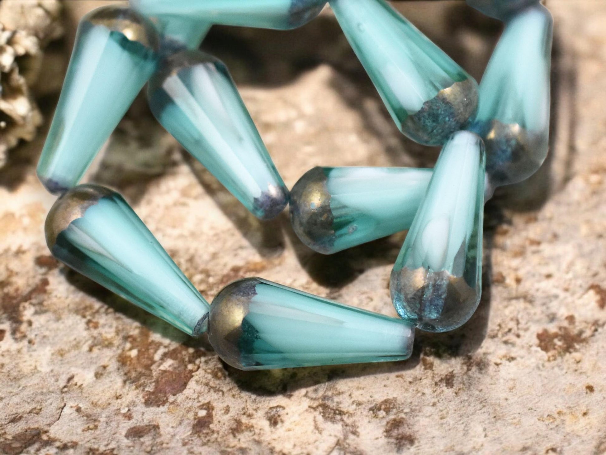 *6* 8x20mm Bronze Tipped Aqua Cloud Faceted Drop Beads