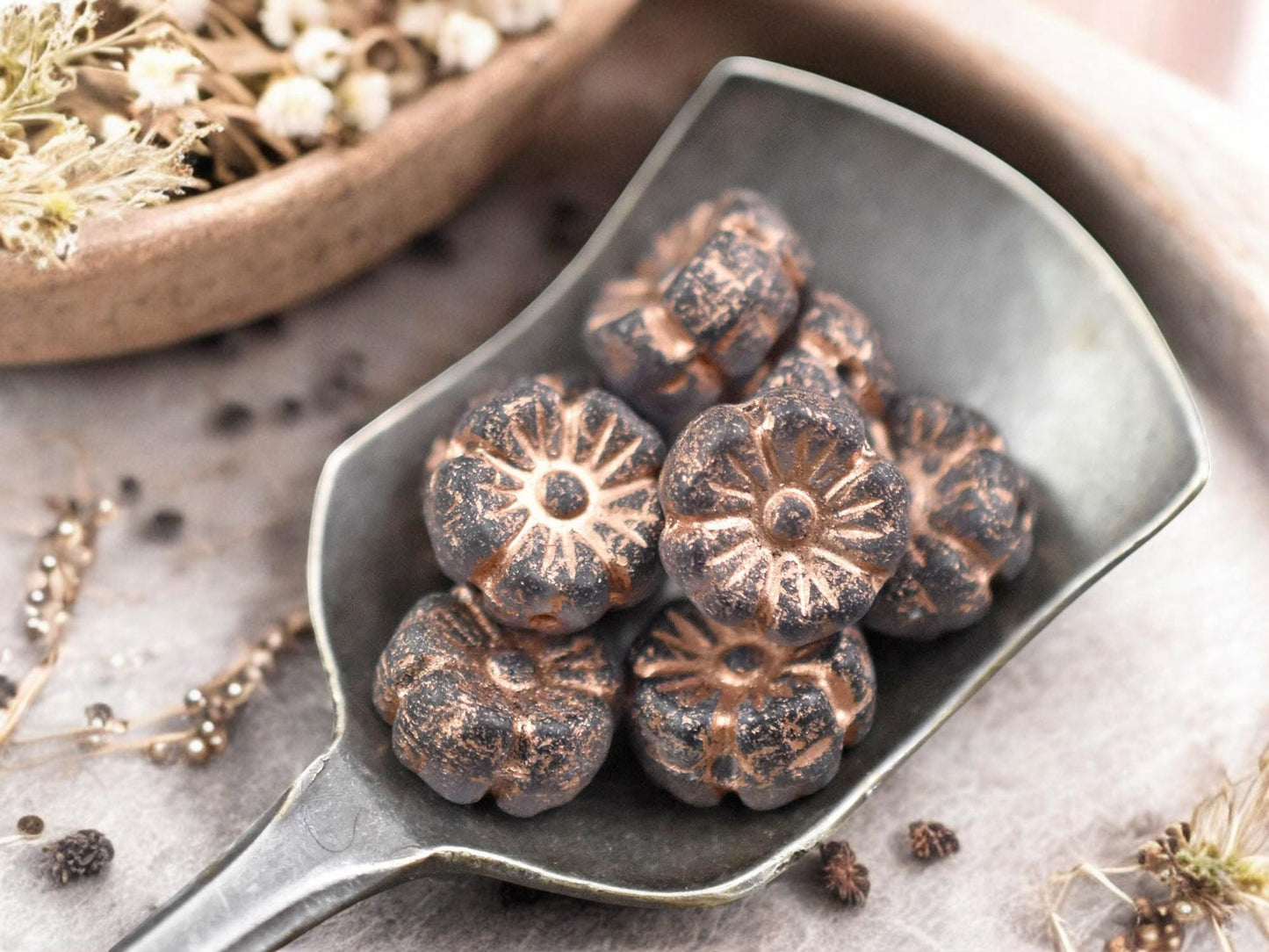 *16* 9mm Copper Washed Etched Translucent Grey Hawaiian Flower Beads