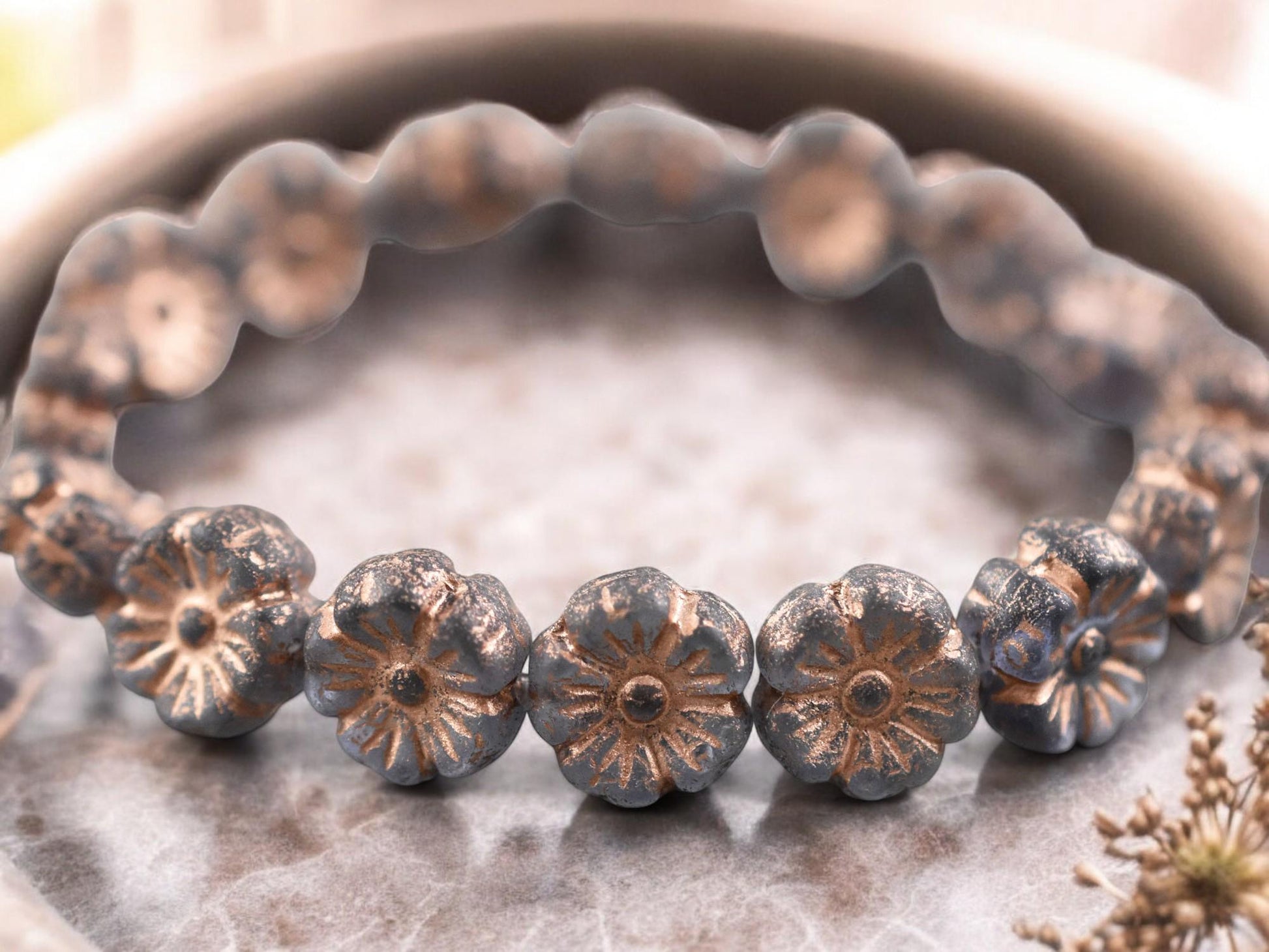 *16* 9mm Copper Washed Etched Translucent Grey Hawaiian Flower Beads