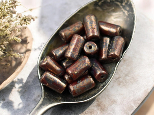 *16* 9x5mm Bronze Washed Oxblood Red Tube Beads