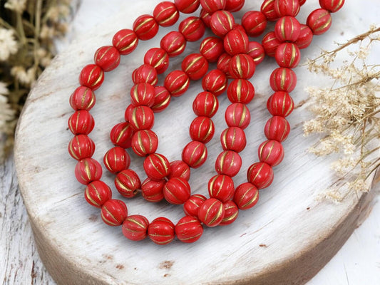 *25* 6mm Bronze Washed Opaque Coral Red Fluted Round Melon Beads
