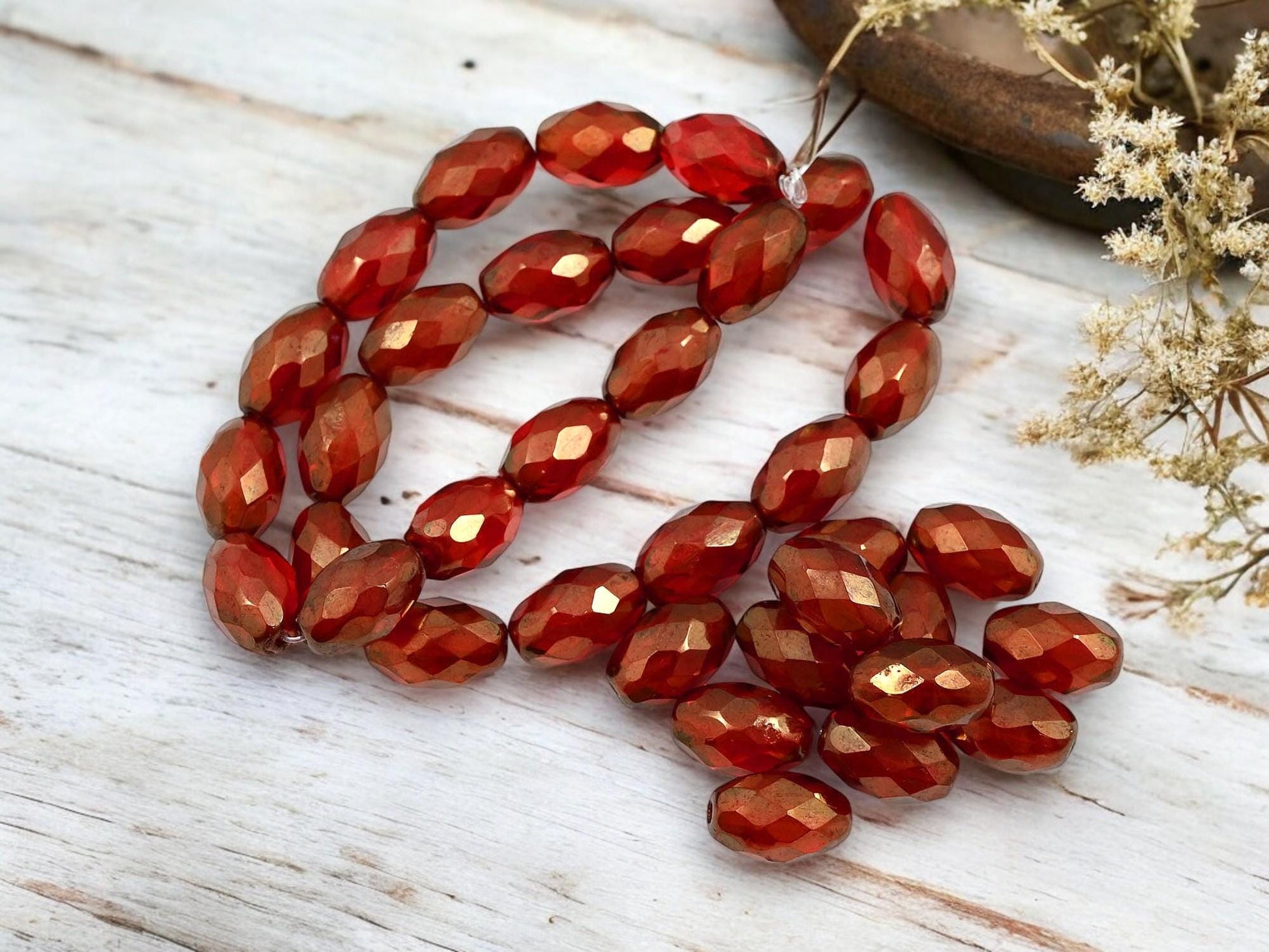 *12* 12x8mm Gold Lustered Ruby Red Fire Polished Faceted Oval Beads