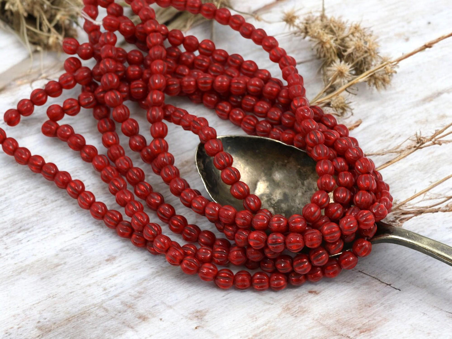 *50* 4mm Brown Washed Ladybug Red Round Melon Beads