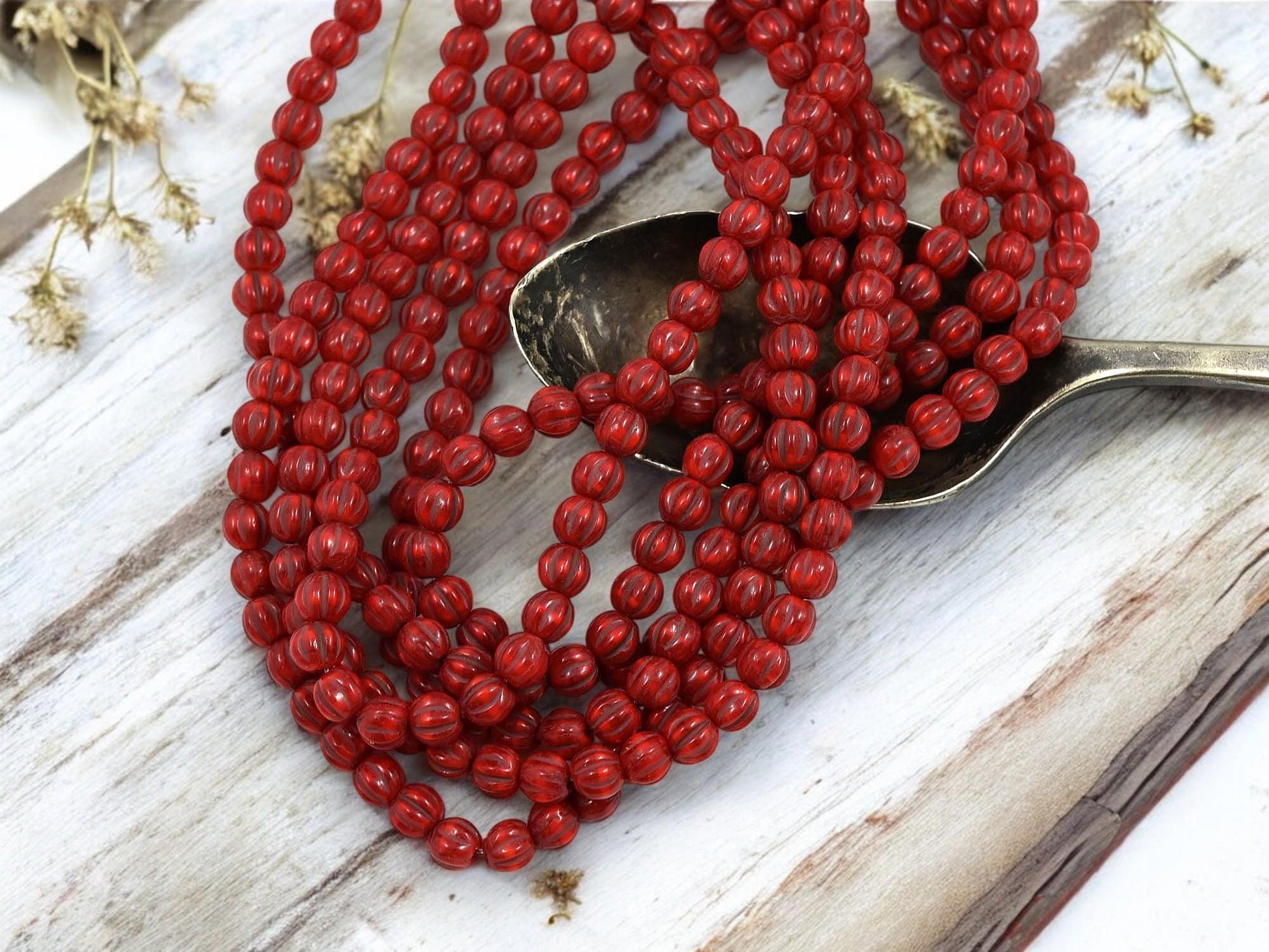 *50* 4mm Brown Washed Ladybug Red Round Melon Beads