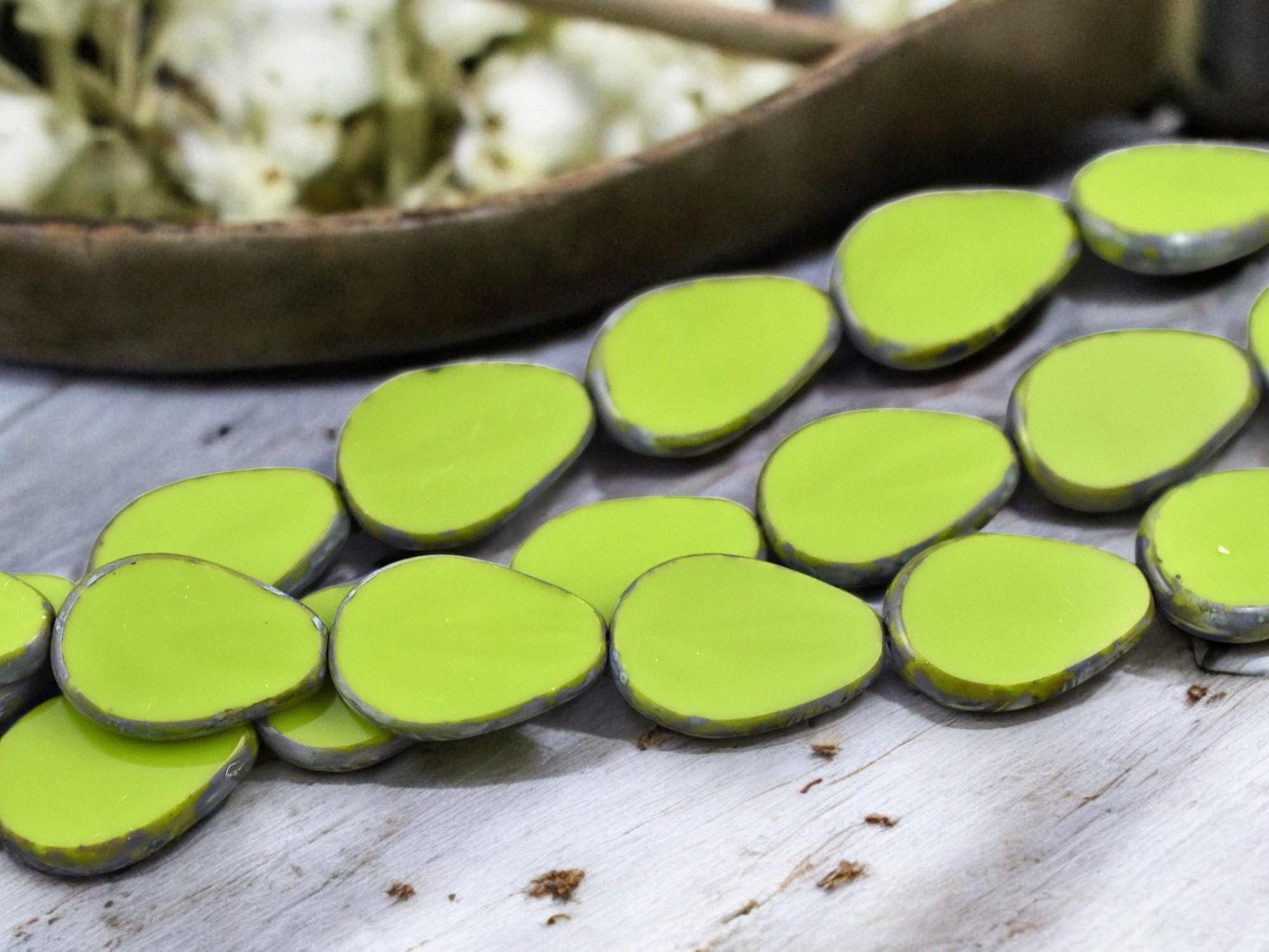 12x18mm Opaque Advacado Green Picasso Table Cut Flat Teardrop Beads