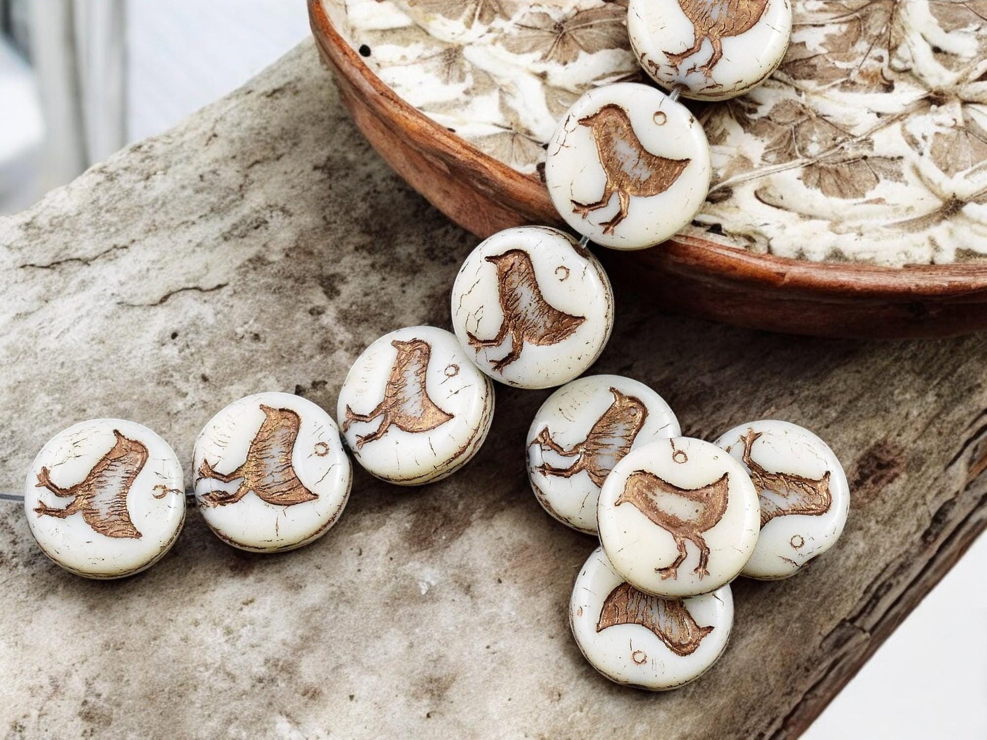 *15* 12mm Bronze Washed Opaque Beige Bird Coin Beads