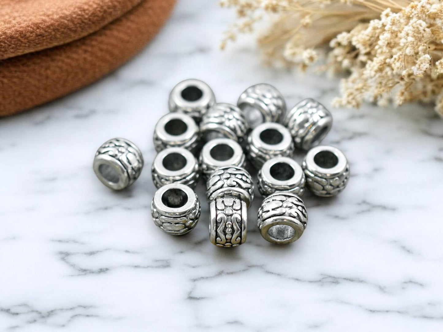 *50* 7x5mm Antique Silver Large Hole Drum Beads