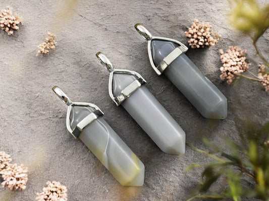 40mm Platinum Tone Natural Grey Agate Double Terminated Bullet Pendant