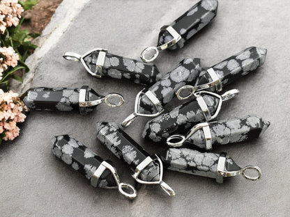 40mm Platinum Tone Natural Snowflake Obsidian Double Terminated Bullet Pendant