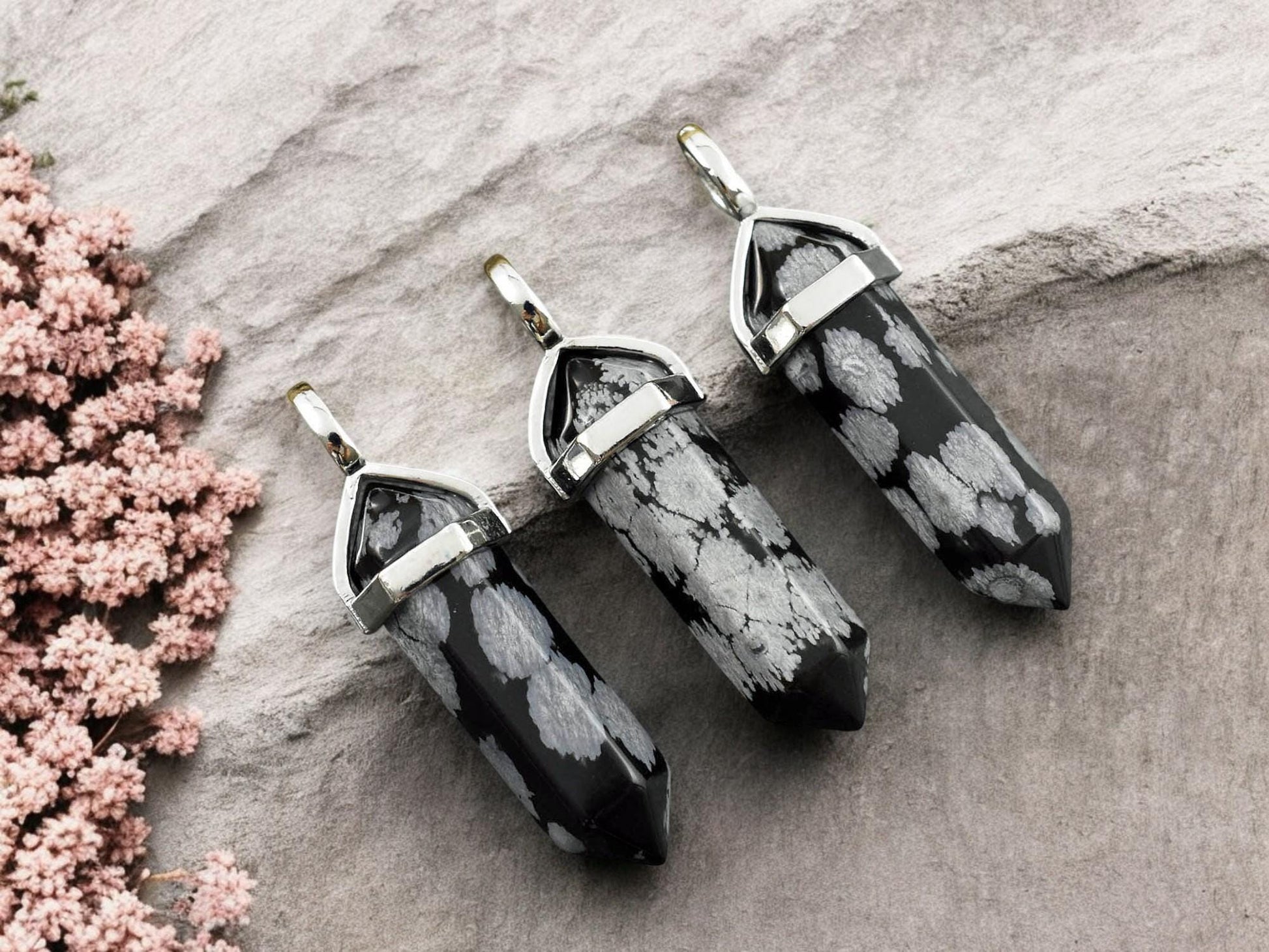 40mm Platinum Tone Natural Snowflake Obsidian Double Terminated Bullet Pendant