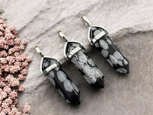 40mm Platinum Tone Natural Snowflake Obsidian Double Terminated Bullet Pendant