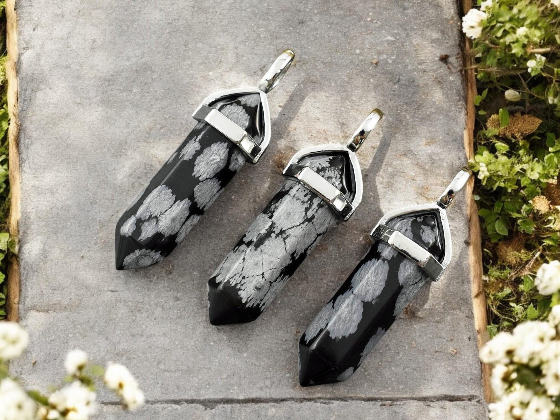 40mm Platinum Tone Natural Snowflake Obsidian Double Terminated Bullet Pendant