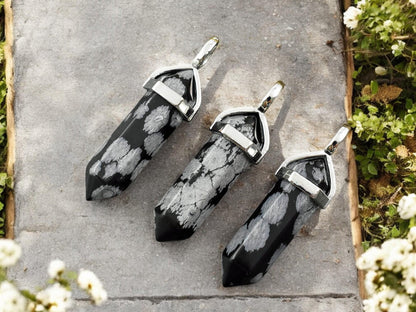 40mm Platinum Tone Natural Snowflake Obsidian Double Terminated Bullet Pendant