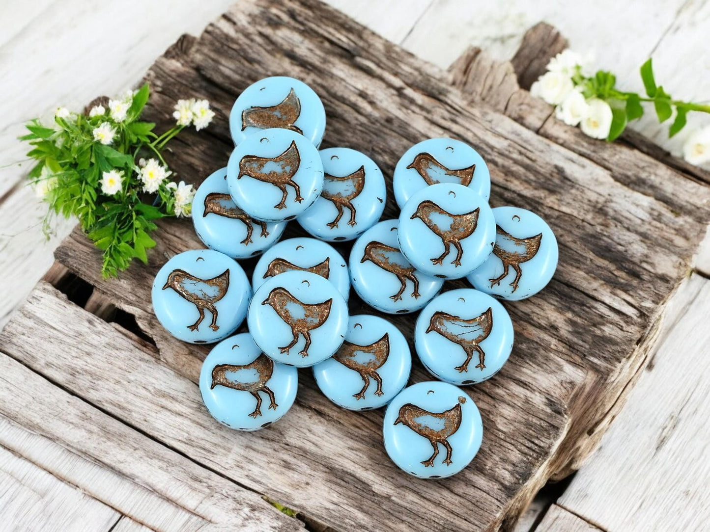 Czech Glass Beads - Picasso Beads - Bird Beads - Coin Beads - Czech Beads - Flat Coin - 15pcs - 12mm - (4240)