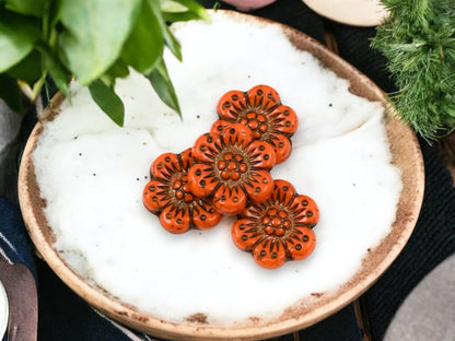 Czech Glass Beads - 14mm Flower Beads - Picasso Beads - Wild Flower Beads - Orange Flowers - 14mm - 12pcs - (6179)
