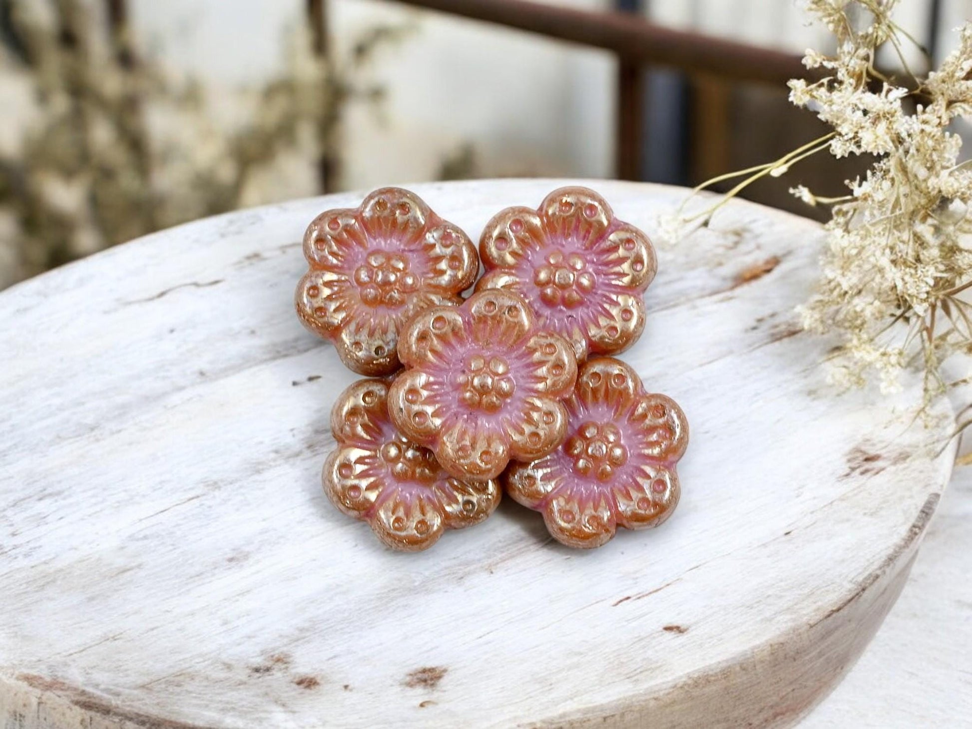 Czech Glass Beads - 14mm Flower Beads - Picasso Beads - Wild Flower Beads - Pink Flower Beads - 14mm - 12pcs - (B852)