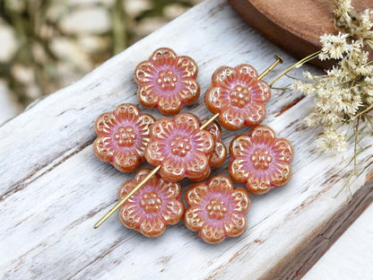 Czech Glass Beads - 14mm Flower Beads - Picasso Beads - Wild Flower Beads - Pink Flower Beads - 14mm - 12pcs - (B852)