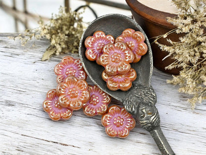 Czech Glass Beads - 14mm Flower Beads - Picasso Beads - Wild Flower Beads - Pink Flower Beads - 14mm - 12pcs - (B852)