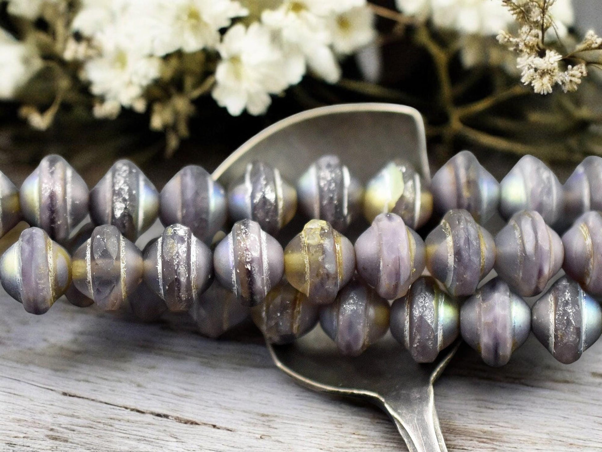 *15* 8x10mm Silver Washed Matte Amethyst AB Saturn Beads