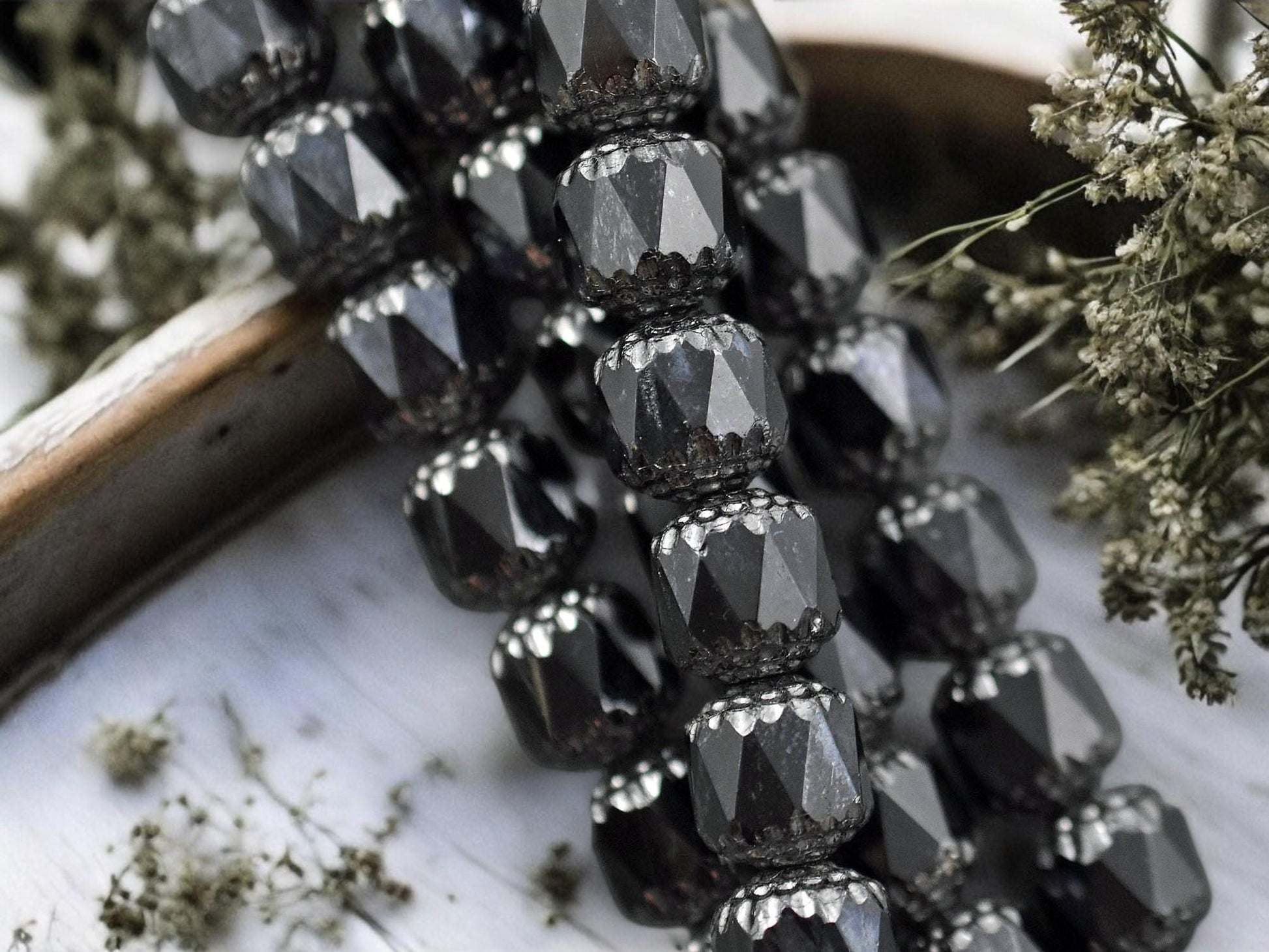 *12* 10mm Silver Washed Jet Fire Polished Cathedral Beads