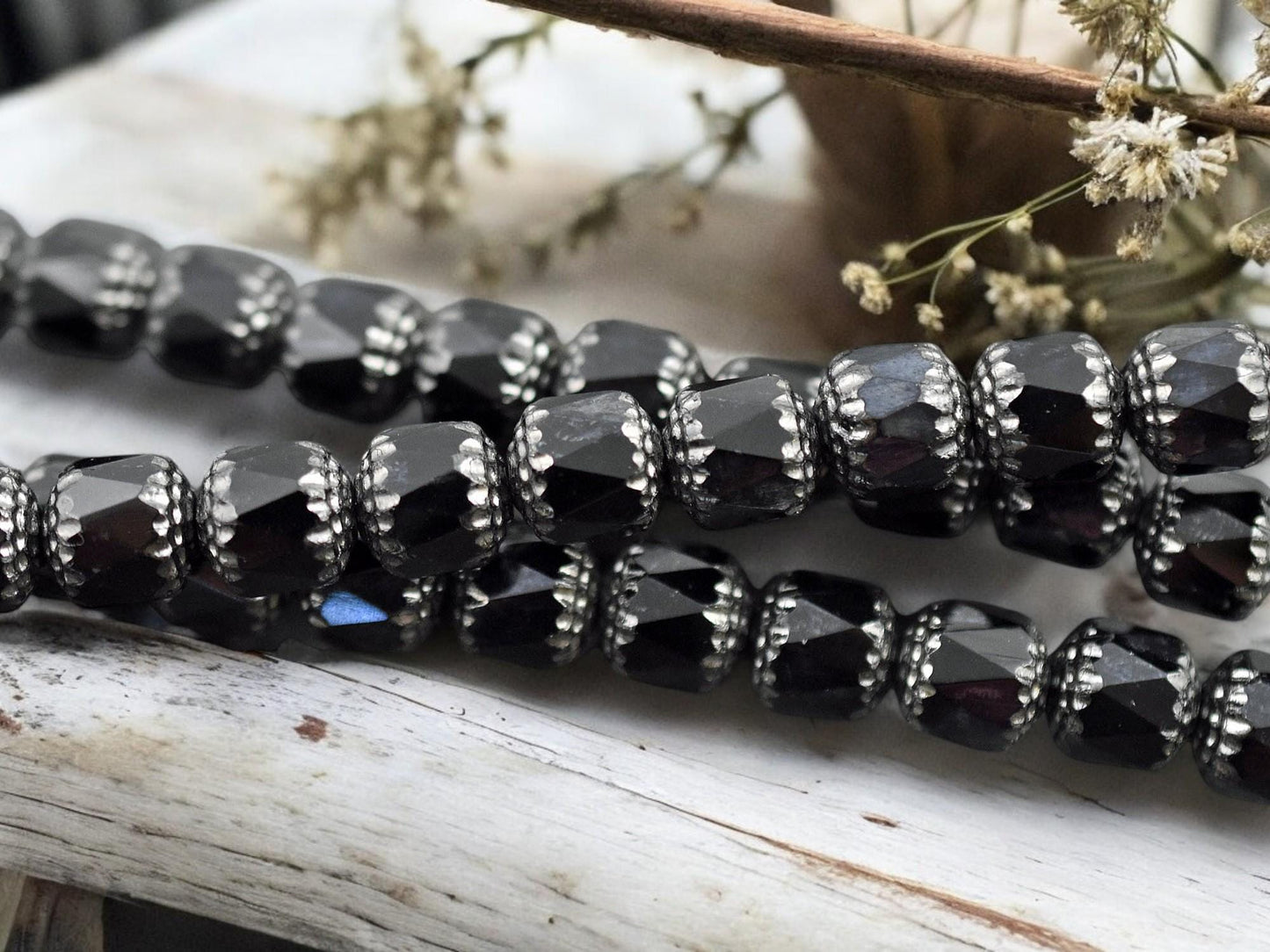 *12* 10mm Silver Washed Jet Fire Polished Cathedral Beads