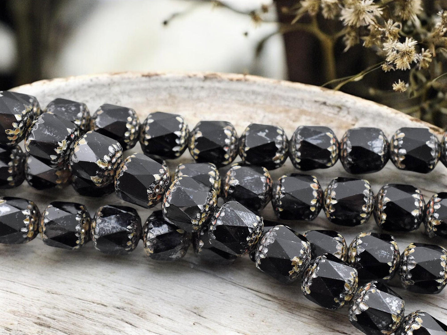 *12* 10mm Jet Black Luster Picasso Fire Polished Cathedral Beads