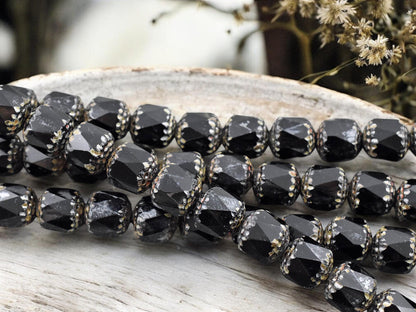 *12* 10mm Jet Black Luster Picasso Fire Polished Cathedral Beads