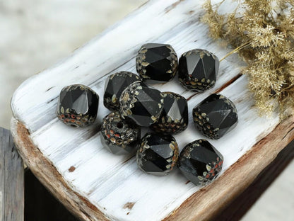 *12* 10mm Jet Black Luster Picasso Fire Polished Cathedral Beads