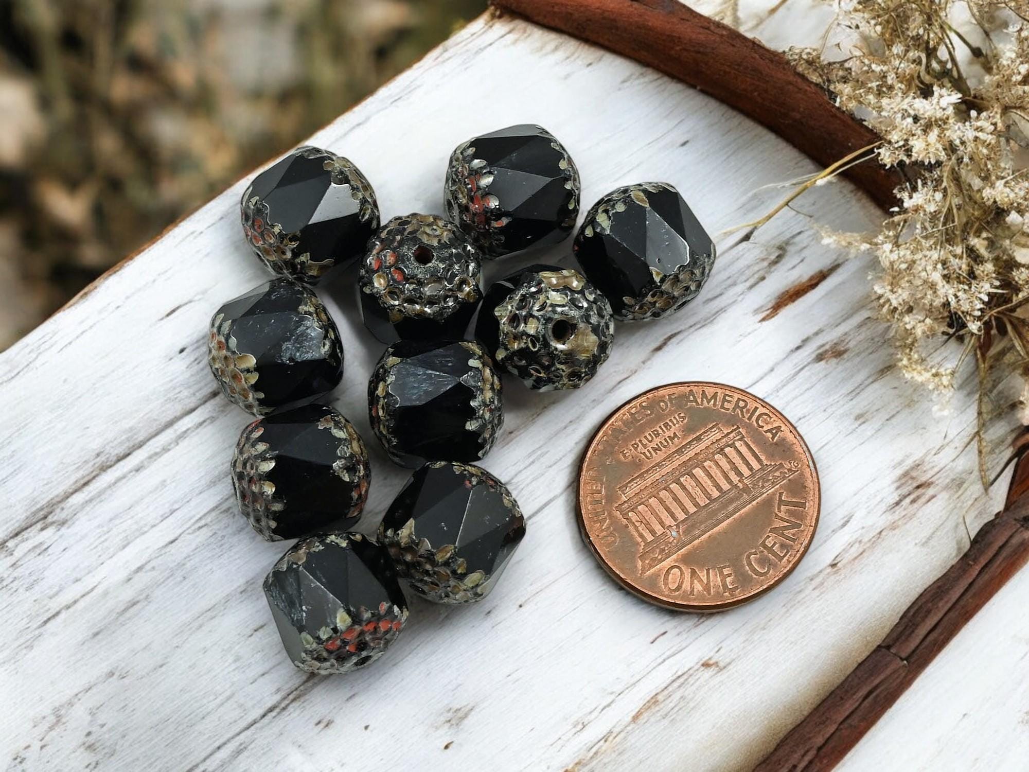 12* 10mm Jet Black Luster Picasso Fire Polished Cathedral Beads