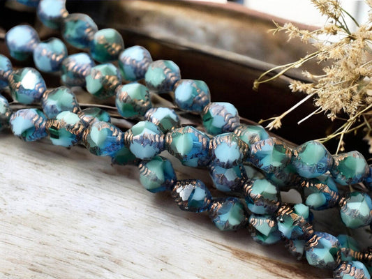 *15* 8x10mm Bronze Washed Caribbean Turquoise Faceted Bicone Beads