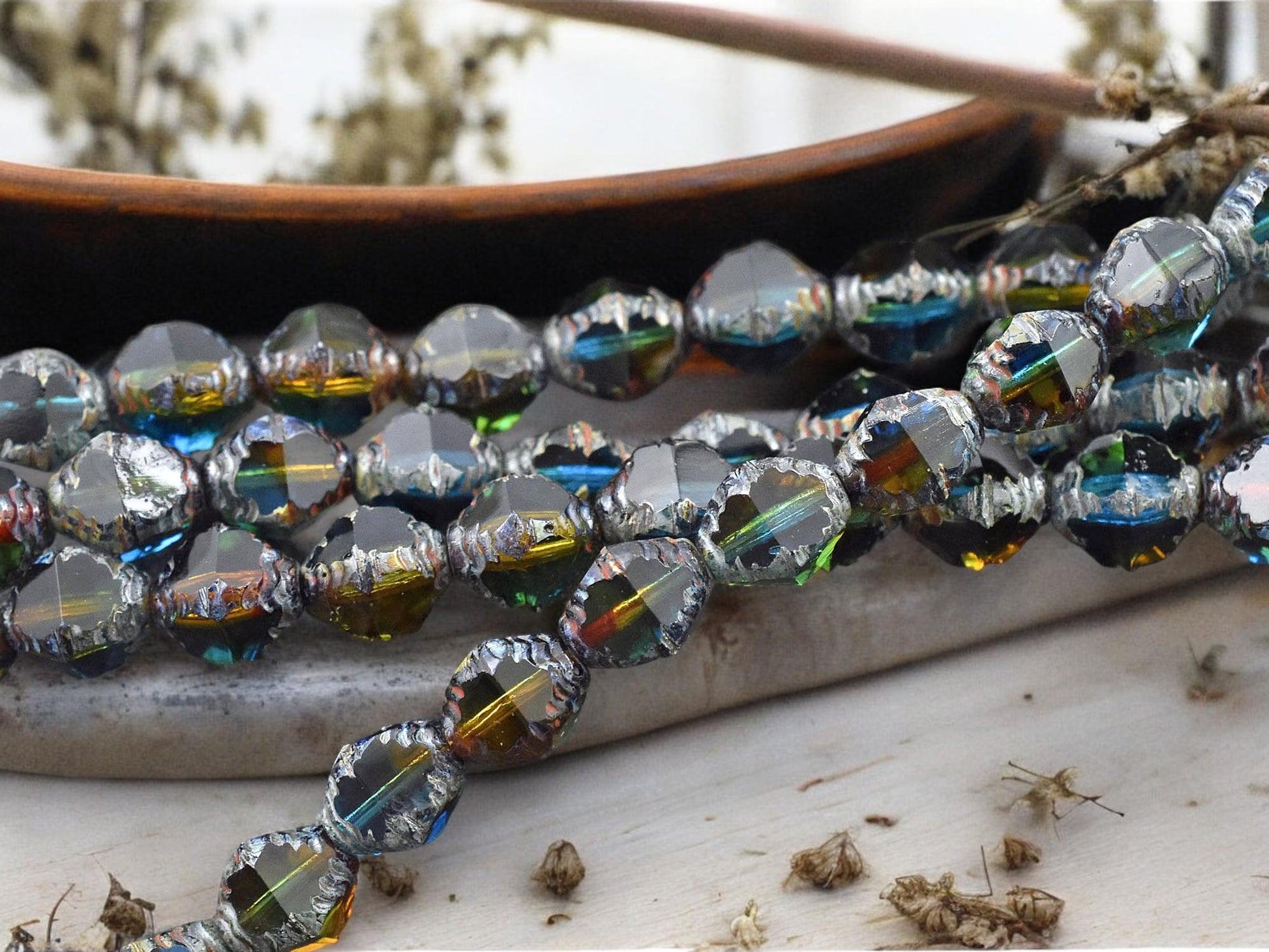 *15* 8x10mm Blended Teal Topaz Picasso Faceted Bicone Beads