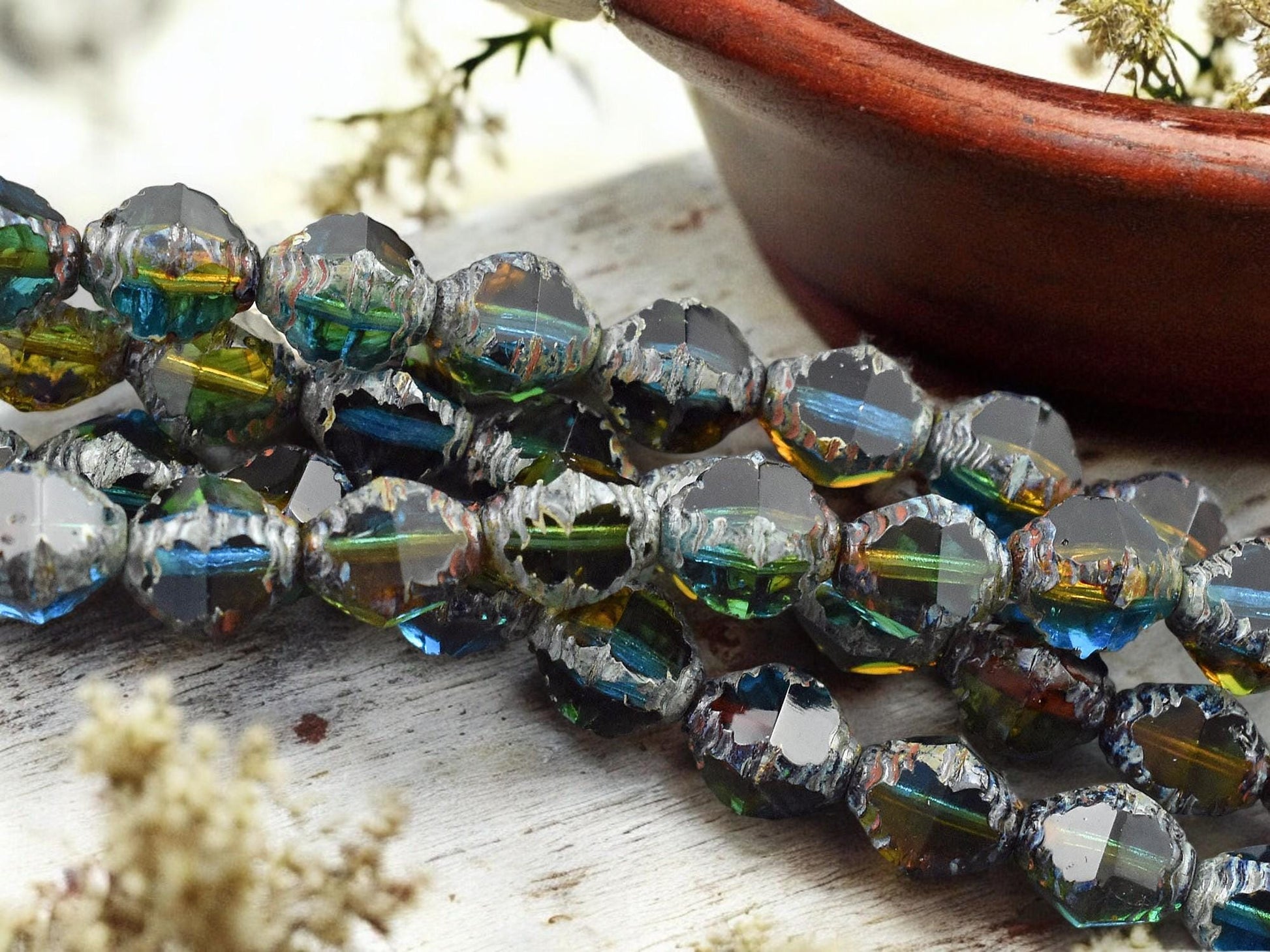 *15* 8x10mm Blended Teal Topaz Picasso Faceted Bicone Beads