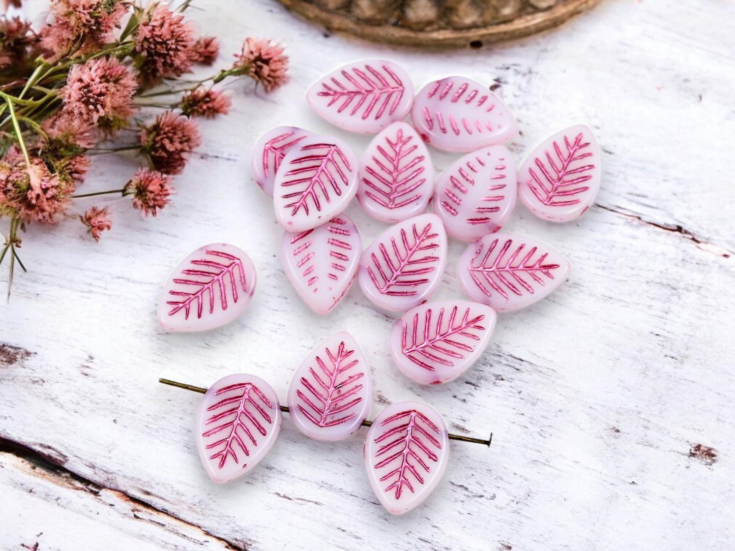 *15* 16x12mm Pink Washed Alabaster Top Drilled Dogwood Leaf Beads