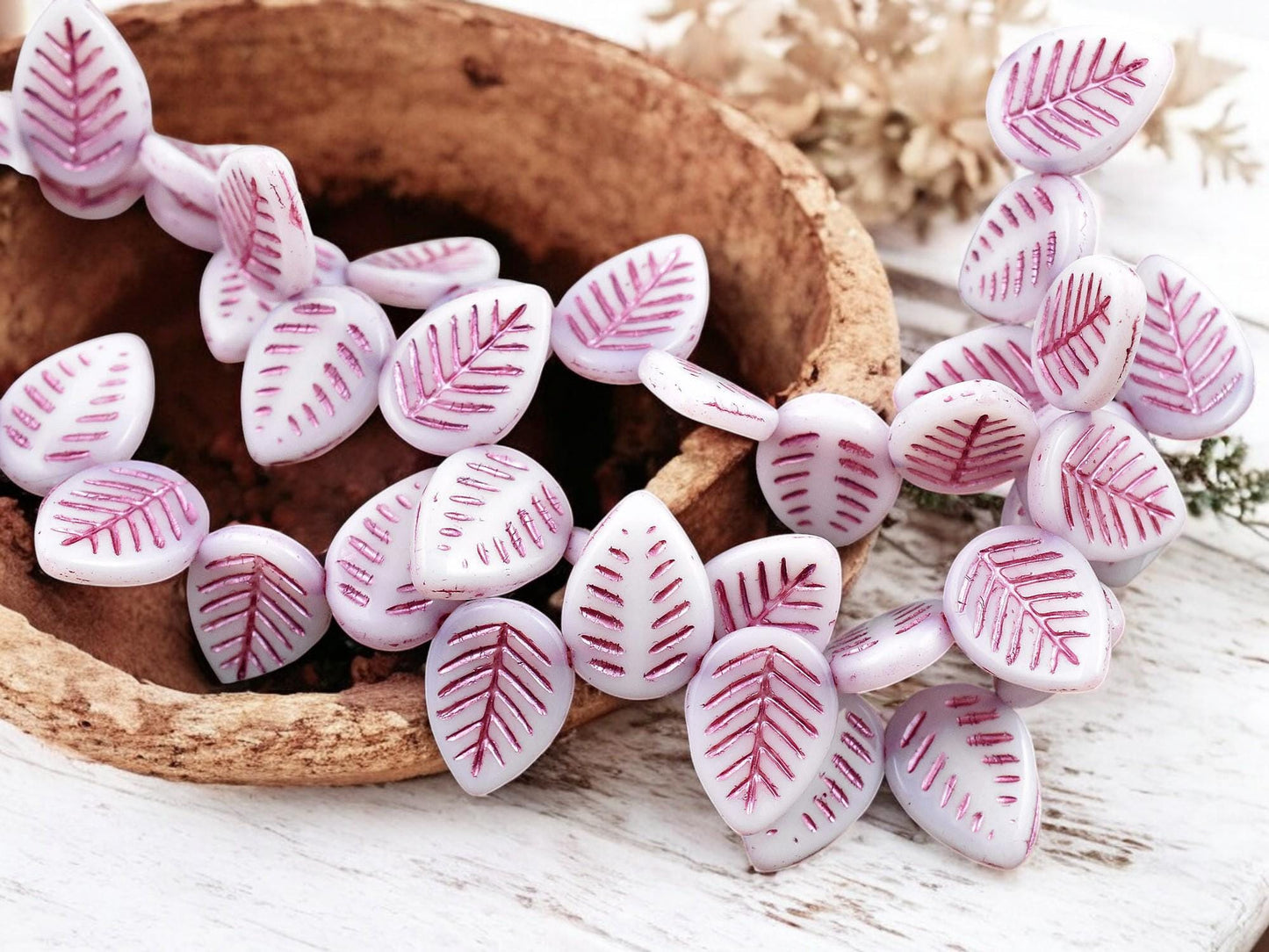 *15* 16x12mm Pink Washed Alabaster Top Drilled Dogwood Leaf Beads