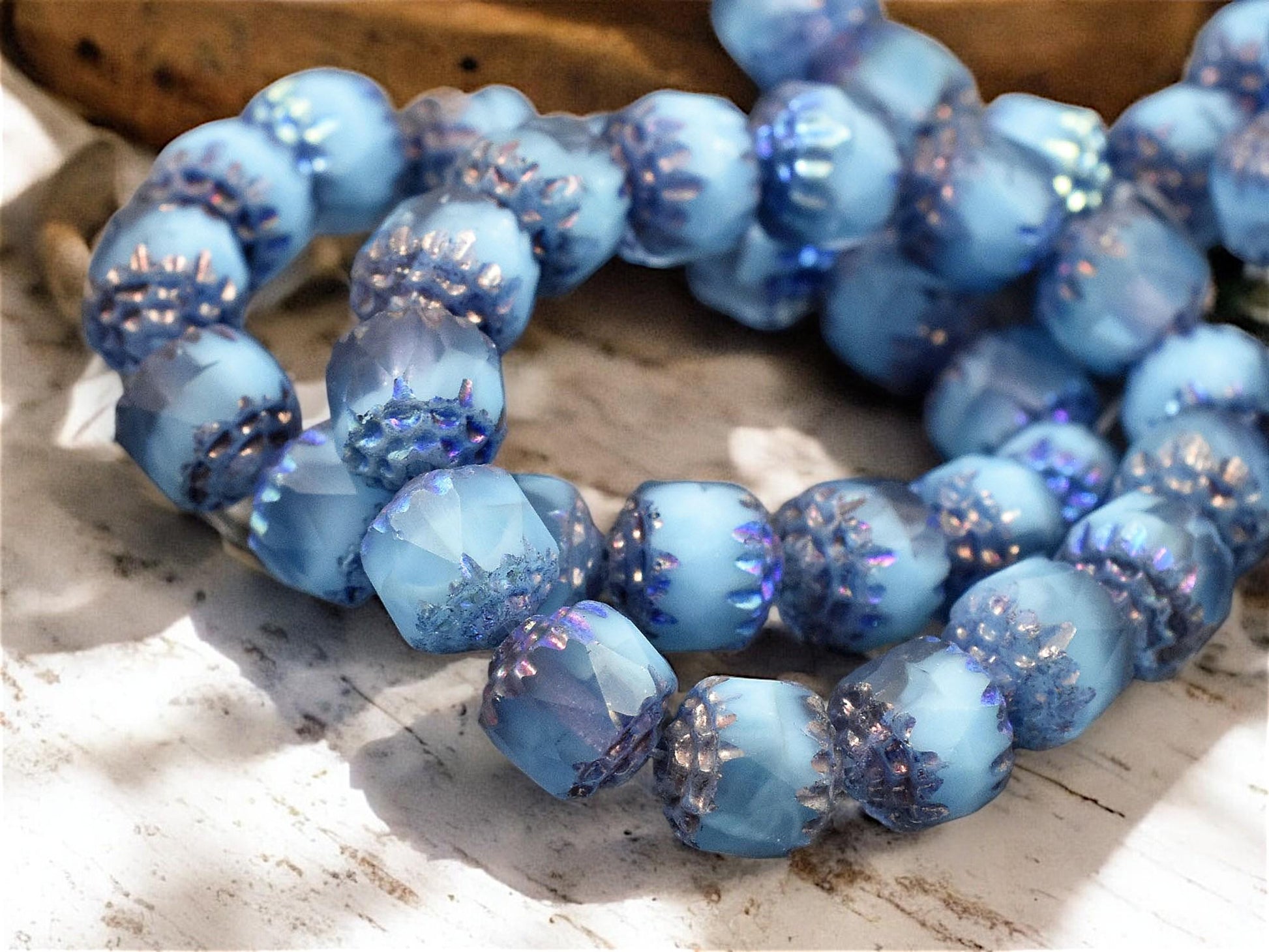 *15* 8mm Metallic Purple Washed Sky Blue Crystal Fire Polished Cathedral Beads