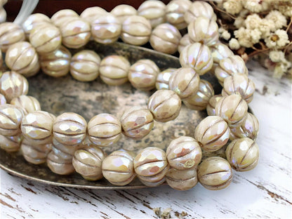 *20* 8mm Metallic Beige Washed Ivory AB Faceted Round Melon Beads