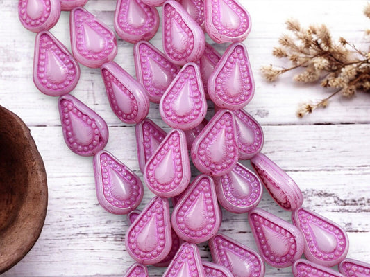 *8* 14x10mm Dark Pink Washed Pink Opaline Filigree Tear Drop Beads