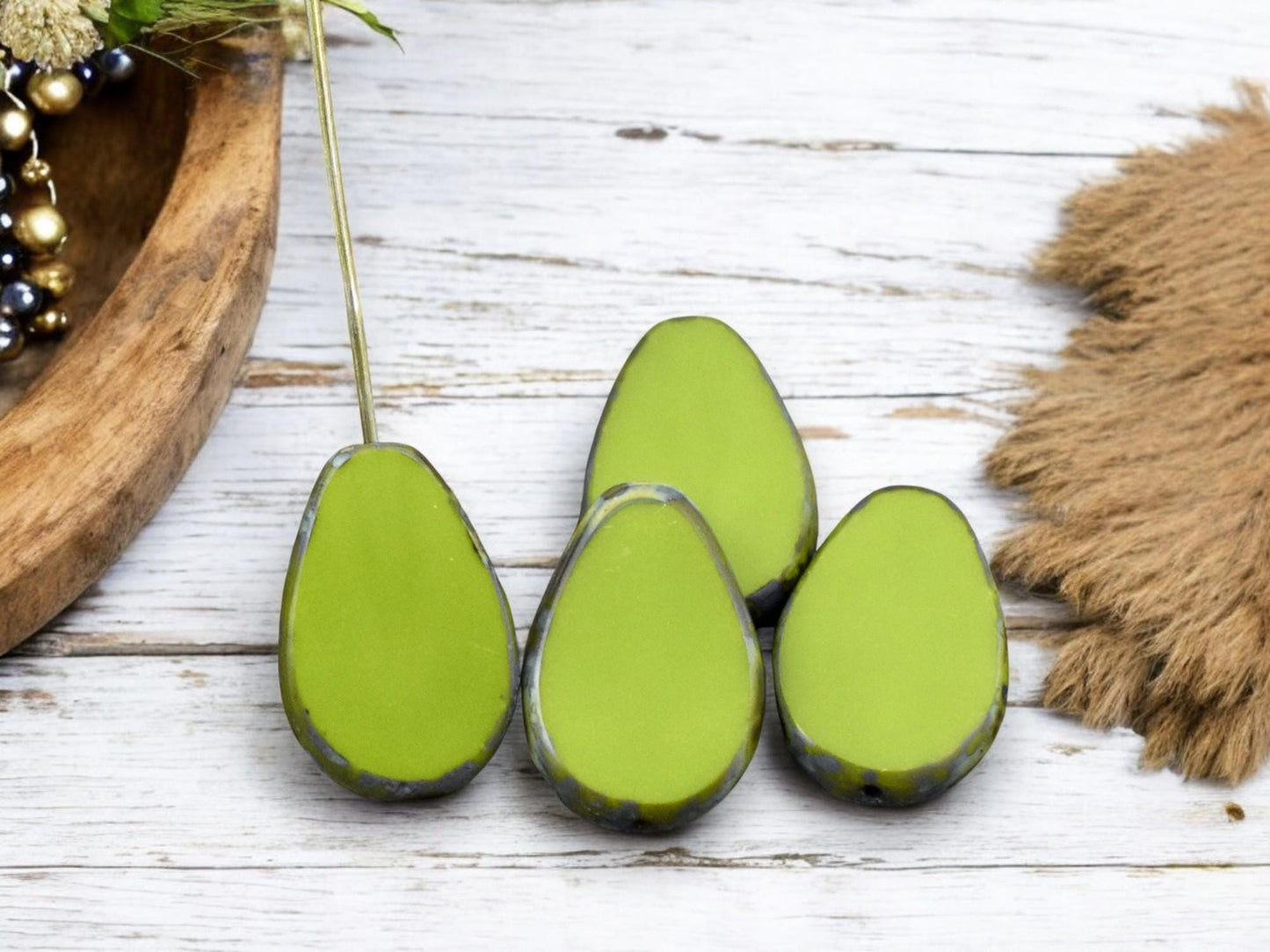 12x18mm Opaque Advacado Green Picasso Table Cut Flat Teardrop Beads