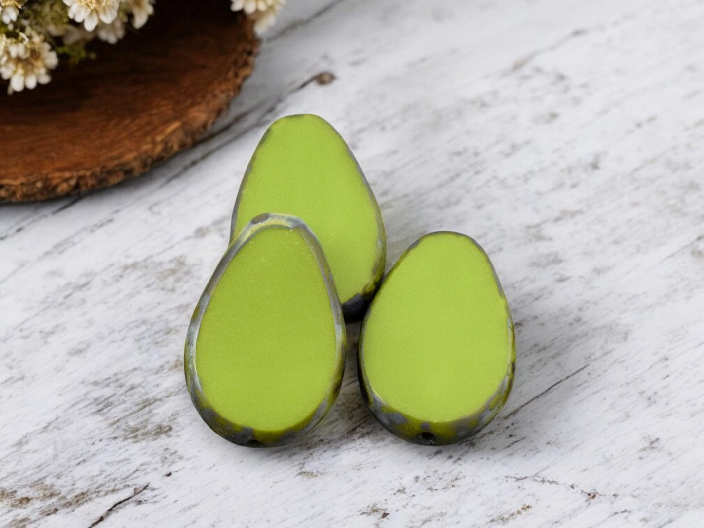 12x18mm Opaque Advacado Green Picasso Table Cut Flat Teardrop Beads