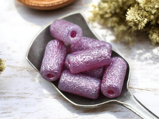 *10* 14x7mm Metallic Pink Washed Etched Crystal Large Hole Tube Beads