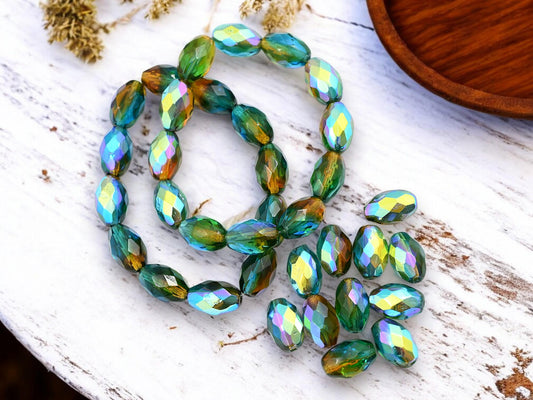 *12* 12x8mm Teal Amber AB Fire Polished Faceted Oval Beads
