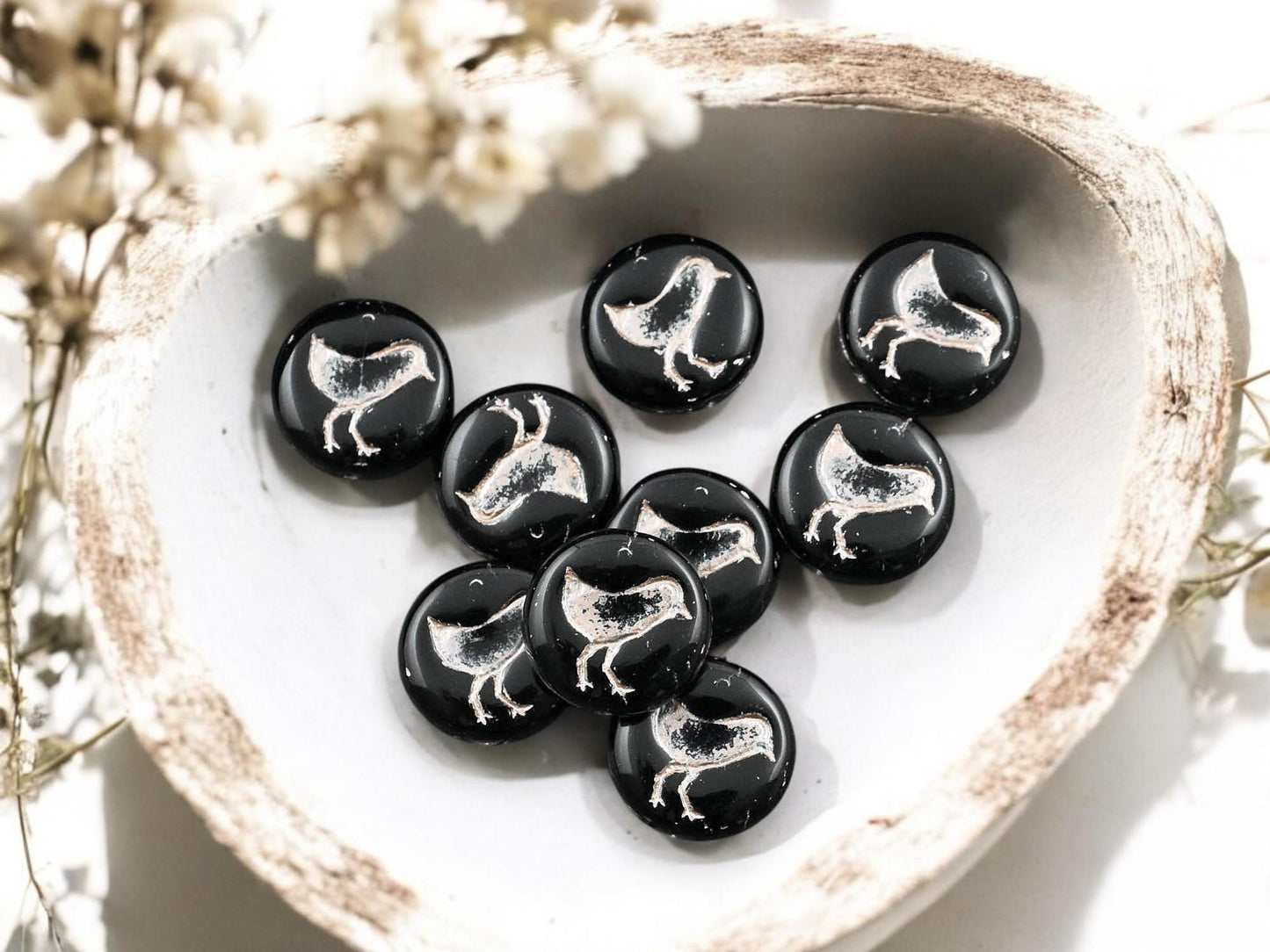 *15* 12mm Platinum Washed Jet Black Bird Coin Beads