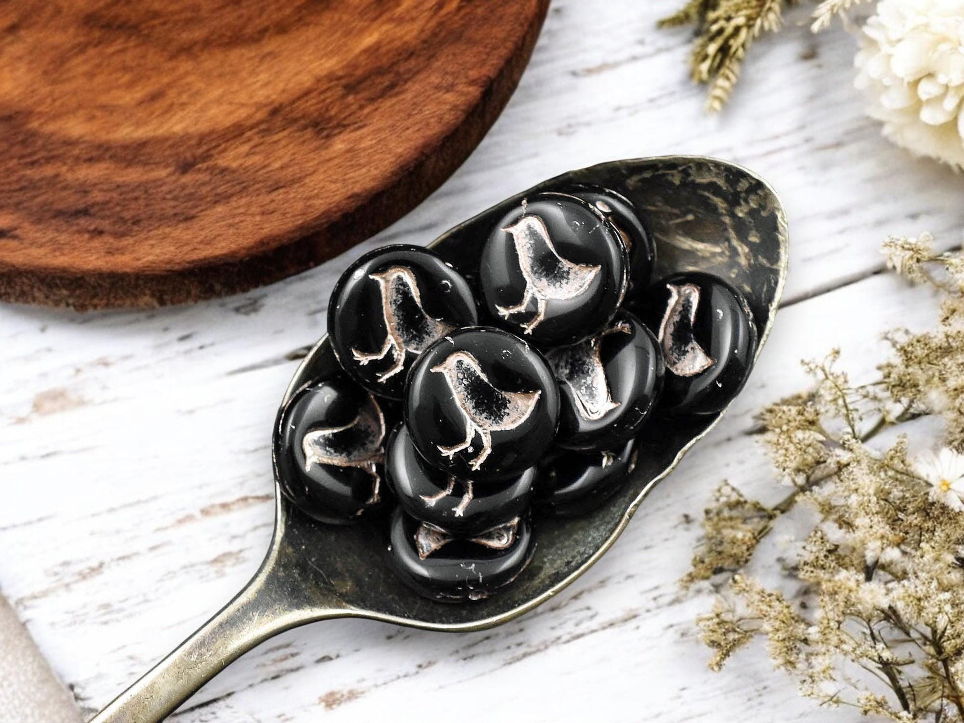 *15* 12mm Platinum Washed Jet Black Bird Coin Beads