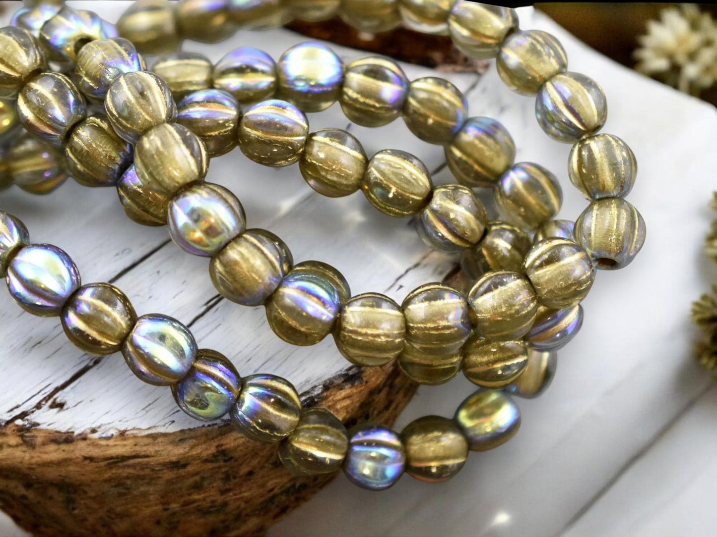 *25* 6mm Gold Washed Crystal Amber AB Large Hole Melon Beads